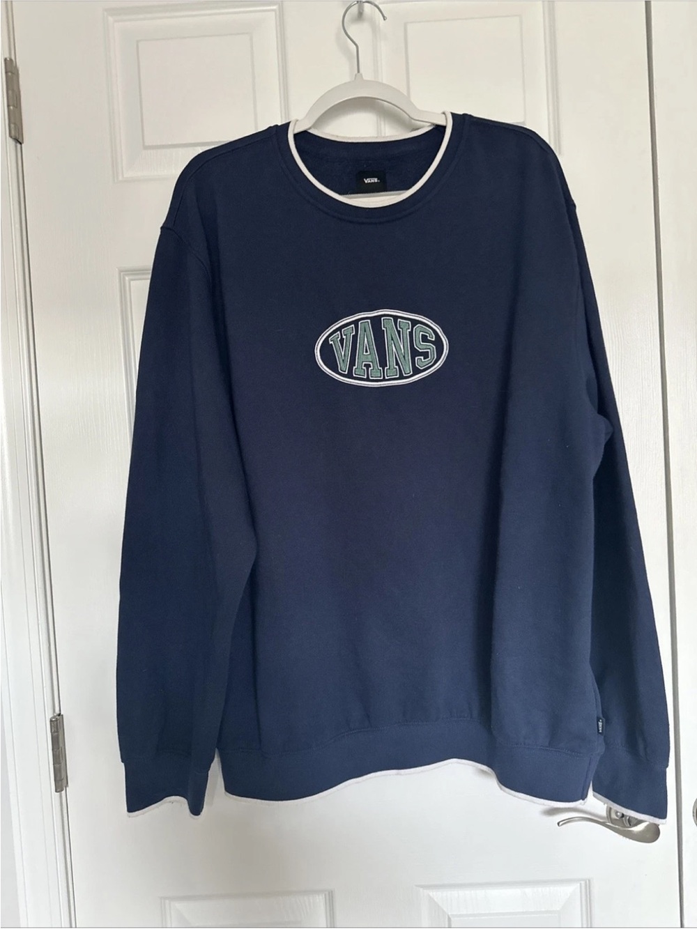 Vans Navy Crewneck Sweatshirt with White Trim and Green Logo